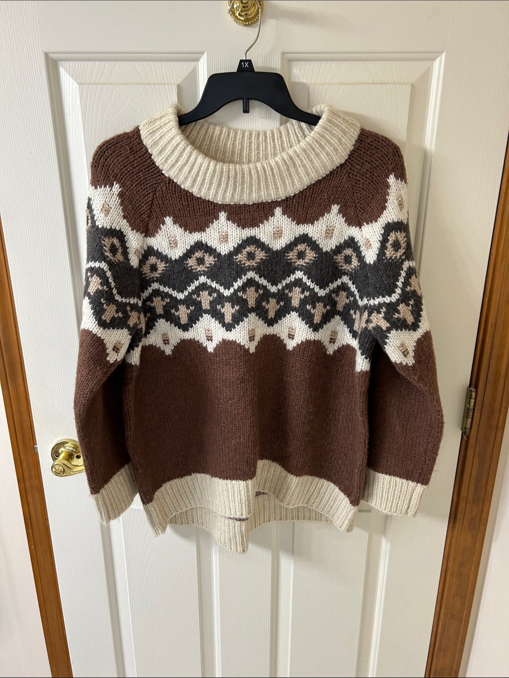 aerie Brown & Cream Fair Isle Crewneck Sweater